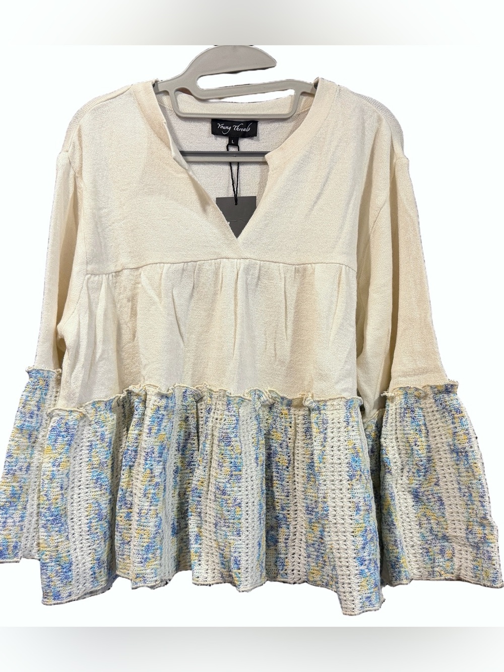 Young Threads Cream Sweater with Crochet Tiers